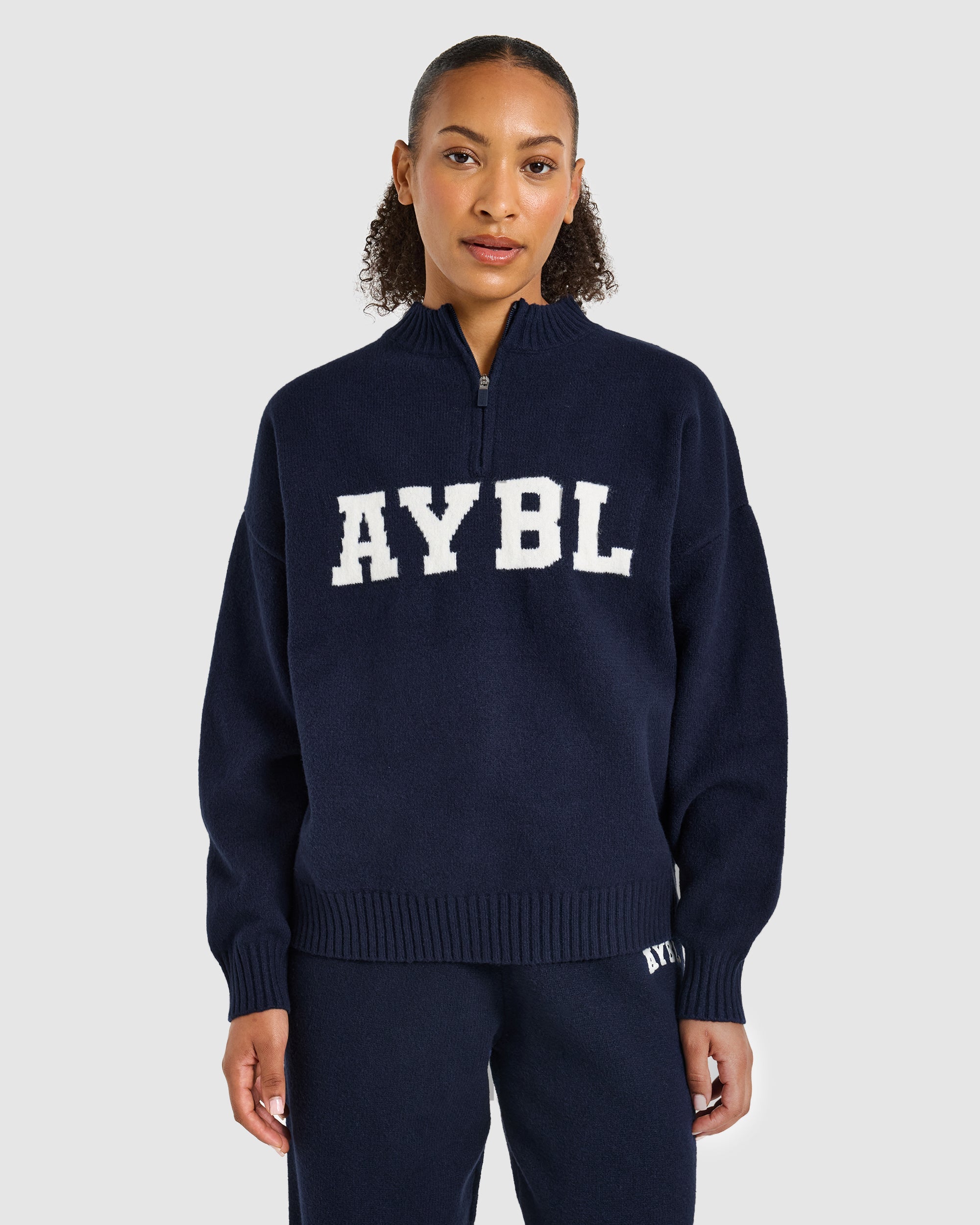 Varsity Oversized Knitted 1/4 Zip Pullover - Navy