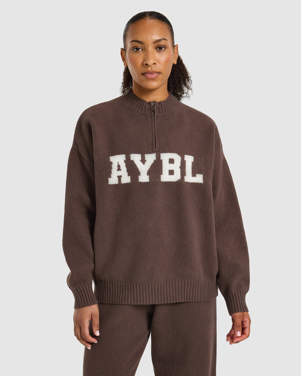 Varsity Oversized Knitted 1/4 Zip Pullover - Marron