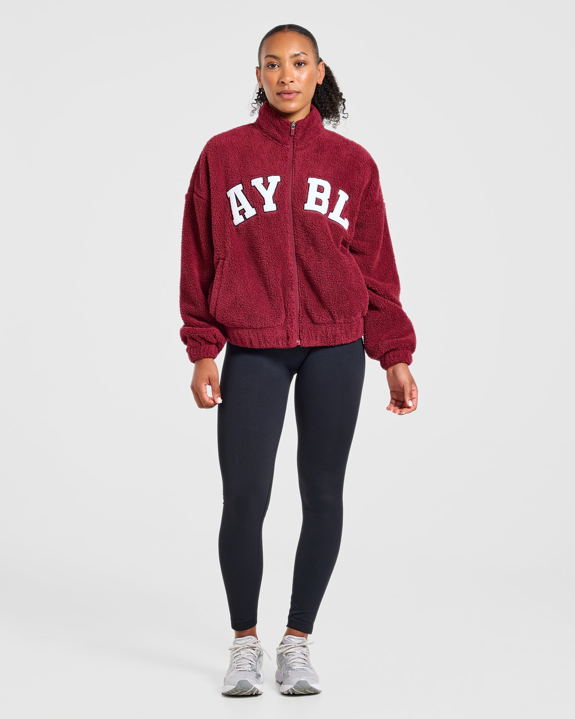 Varsity Oversized Fleece Zip Up Jacket - Mahogany Rouge