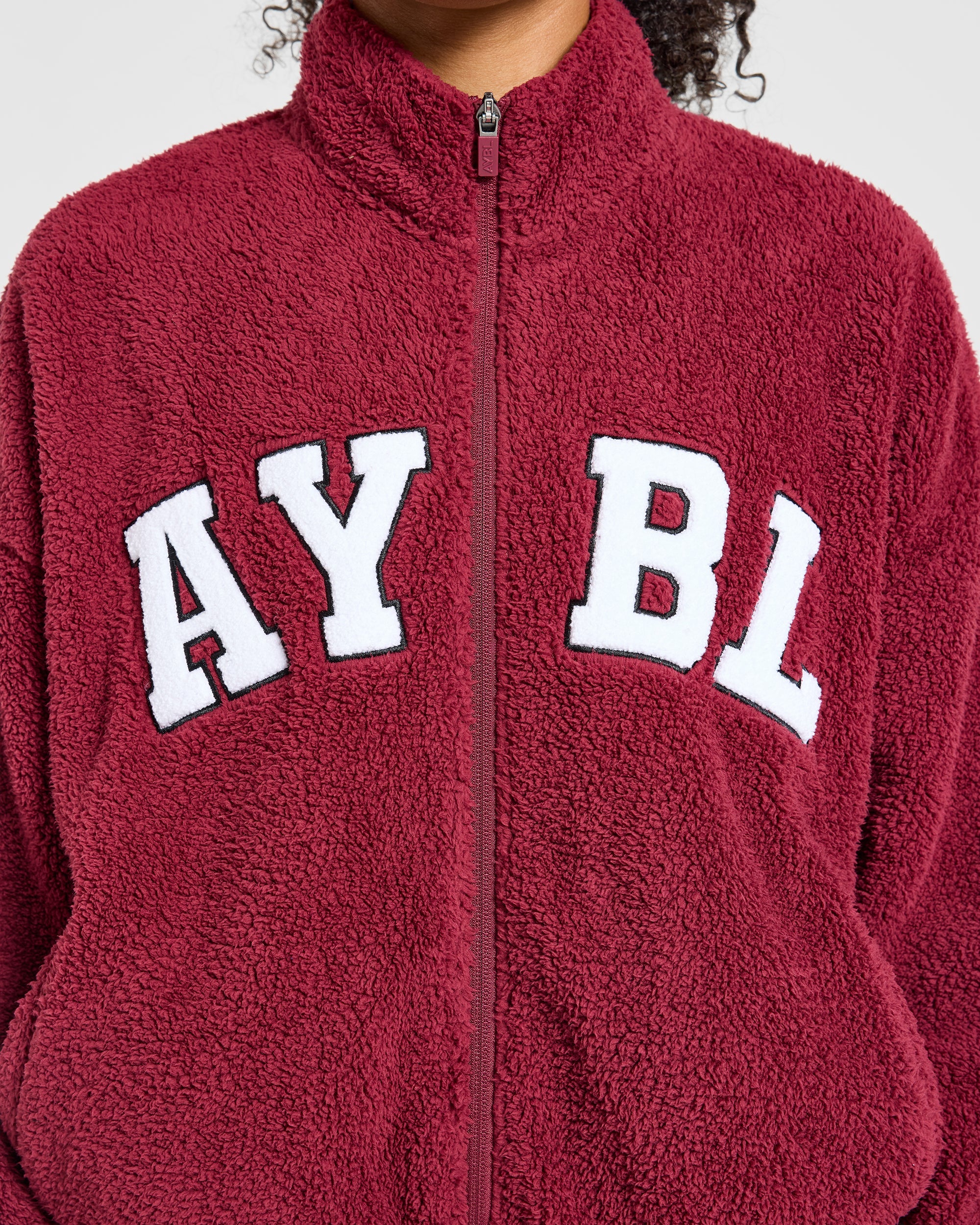 Varsity Oversized Fleece Zip Up Jacket - Mahogany Rouge