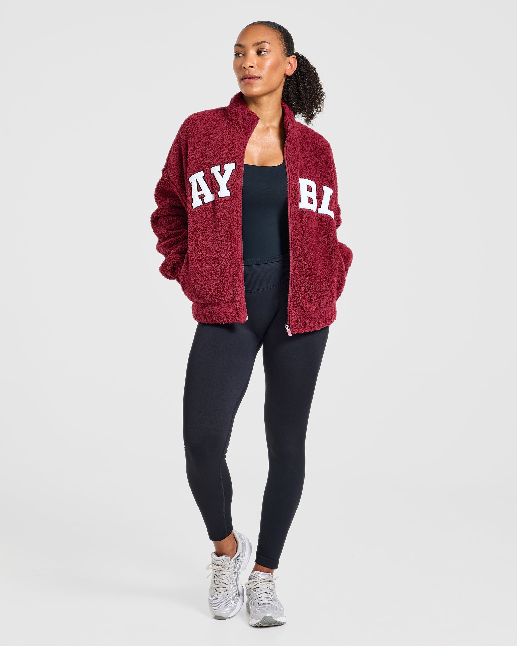Varsity Oversized Fleece Zip Up Jacket - Mahogany Rouge