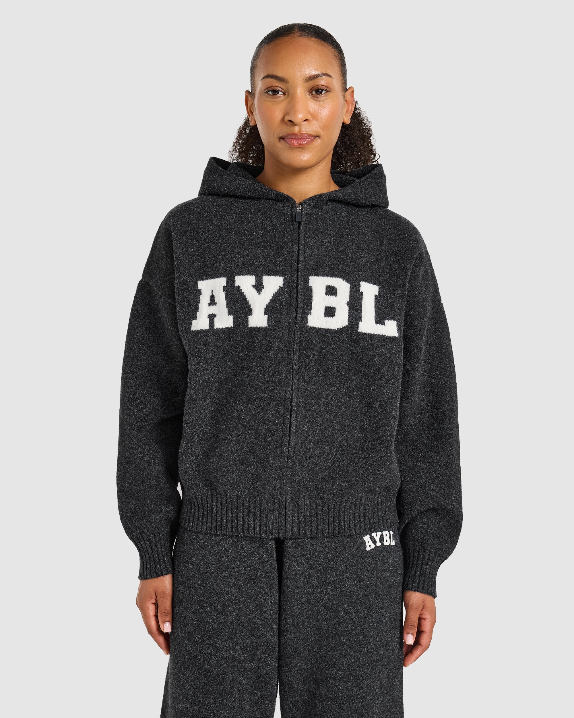 Varsity Oversized Knitted Zip Up Hoodie - Charcoal