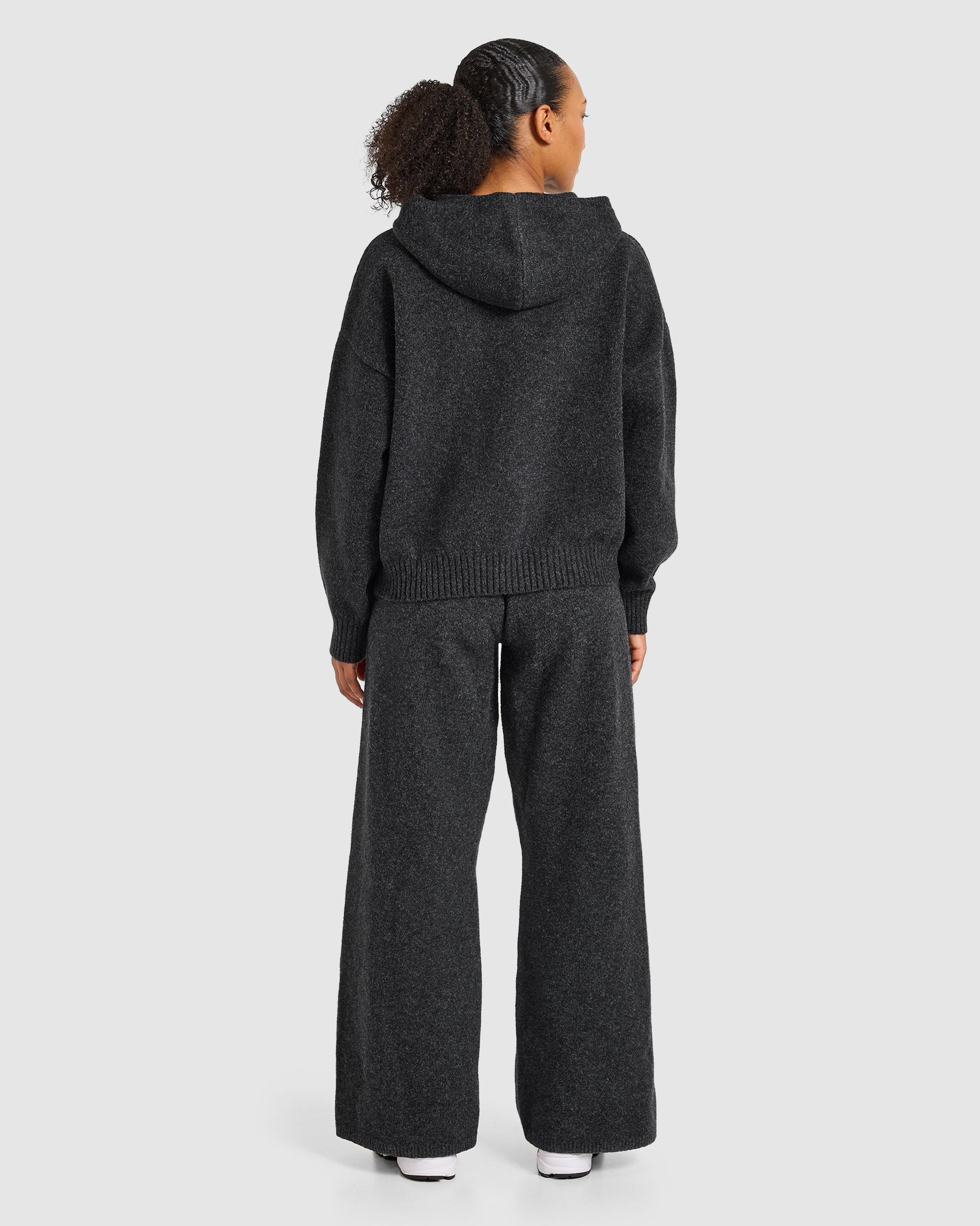 Varsity Oversized Knitted Zip Up Hoodie - Charcoal