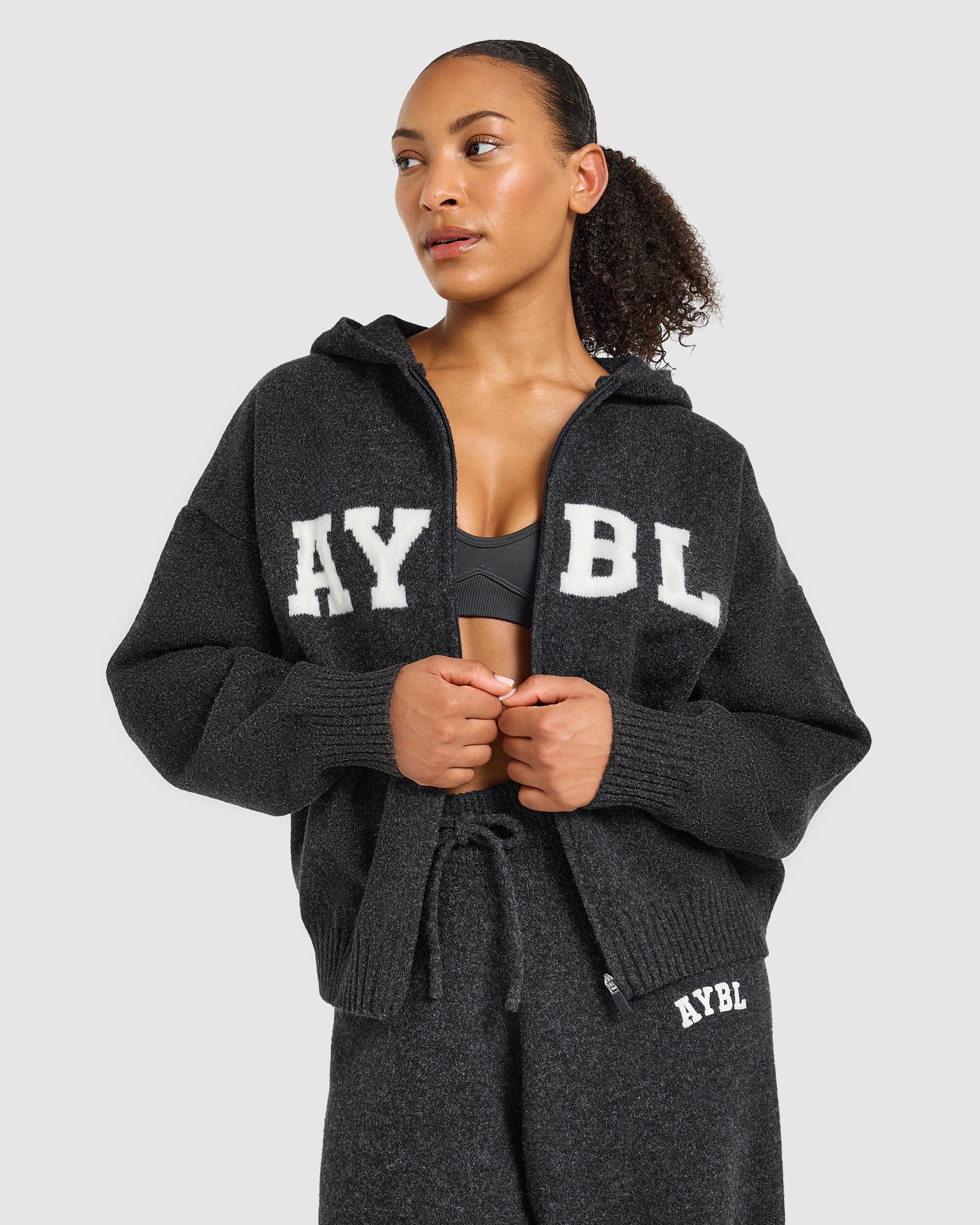 Varsity Oversized Knitted Zip Up Hoodie - Charcoal