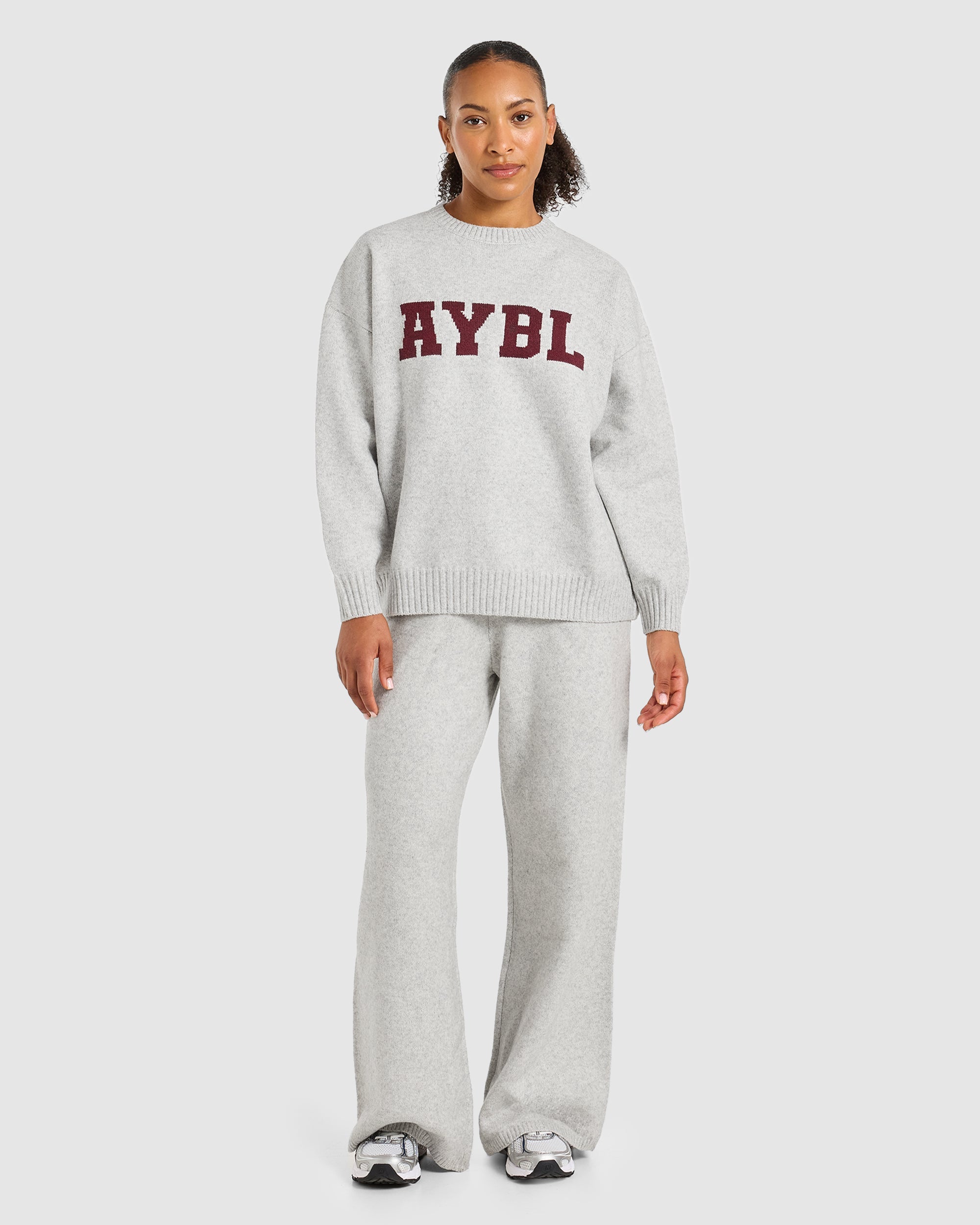Varsity Oversized Knitted Joggers - Gris Marl/Burgundy