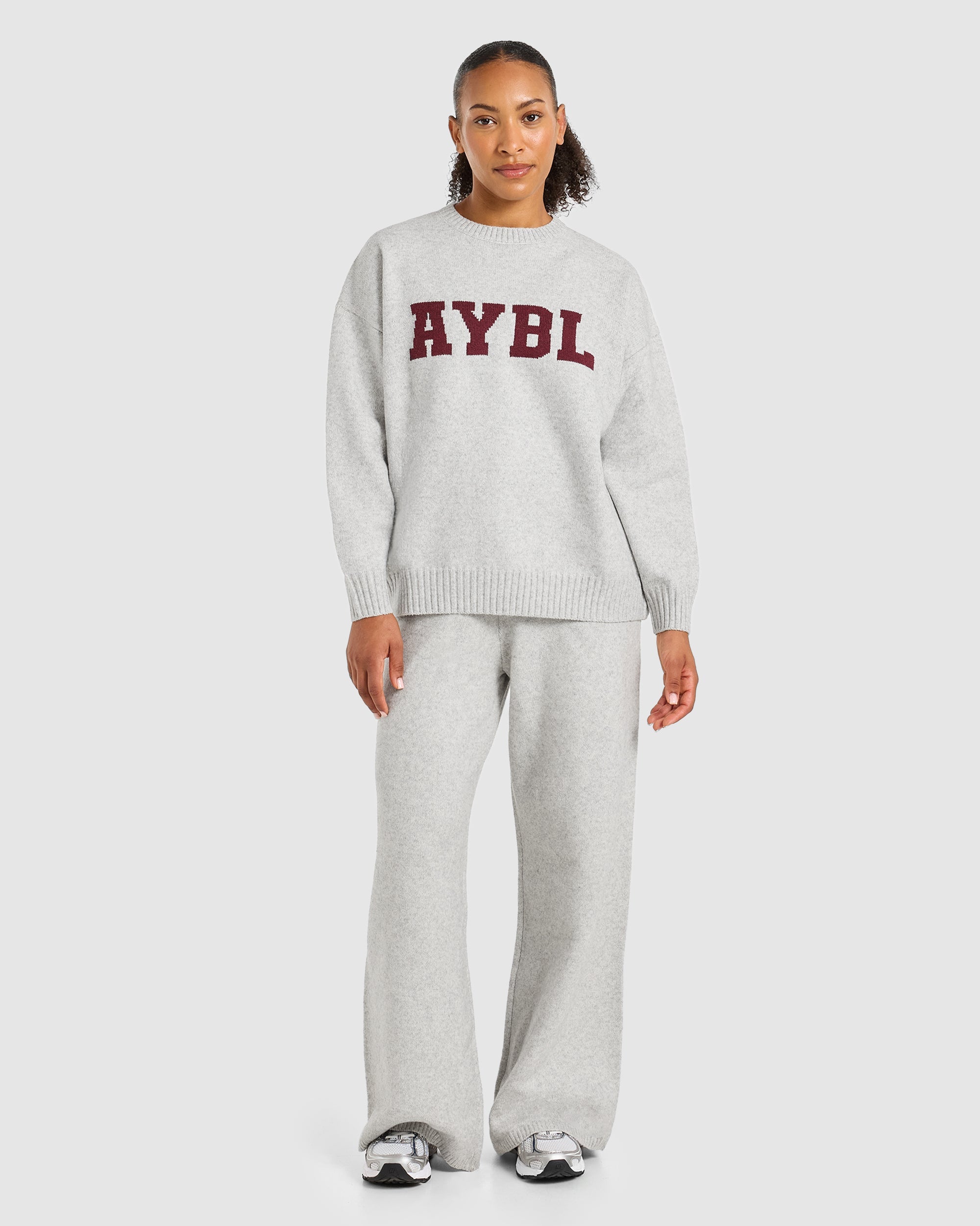 Varsity Oversized Knitted Sweater - Gris Marl/Burgundy