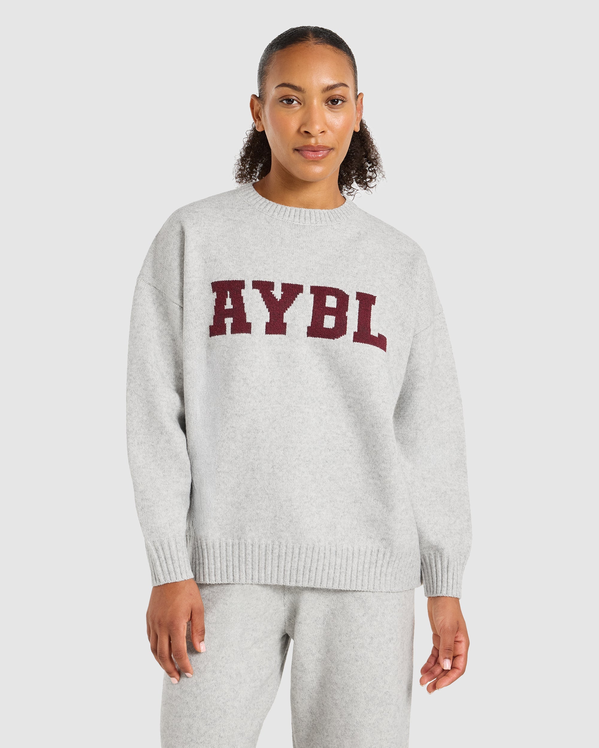 Varsity Oversized Knitted Sweater - Gris Marl/Burgundy