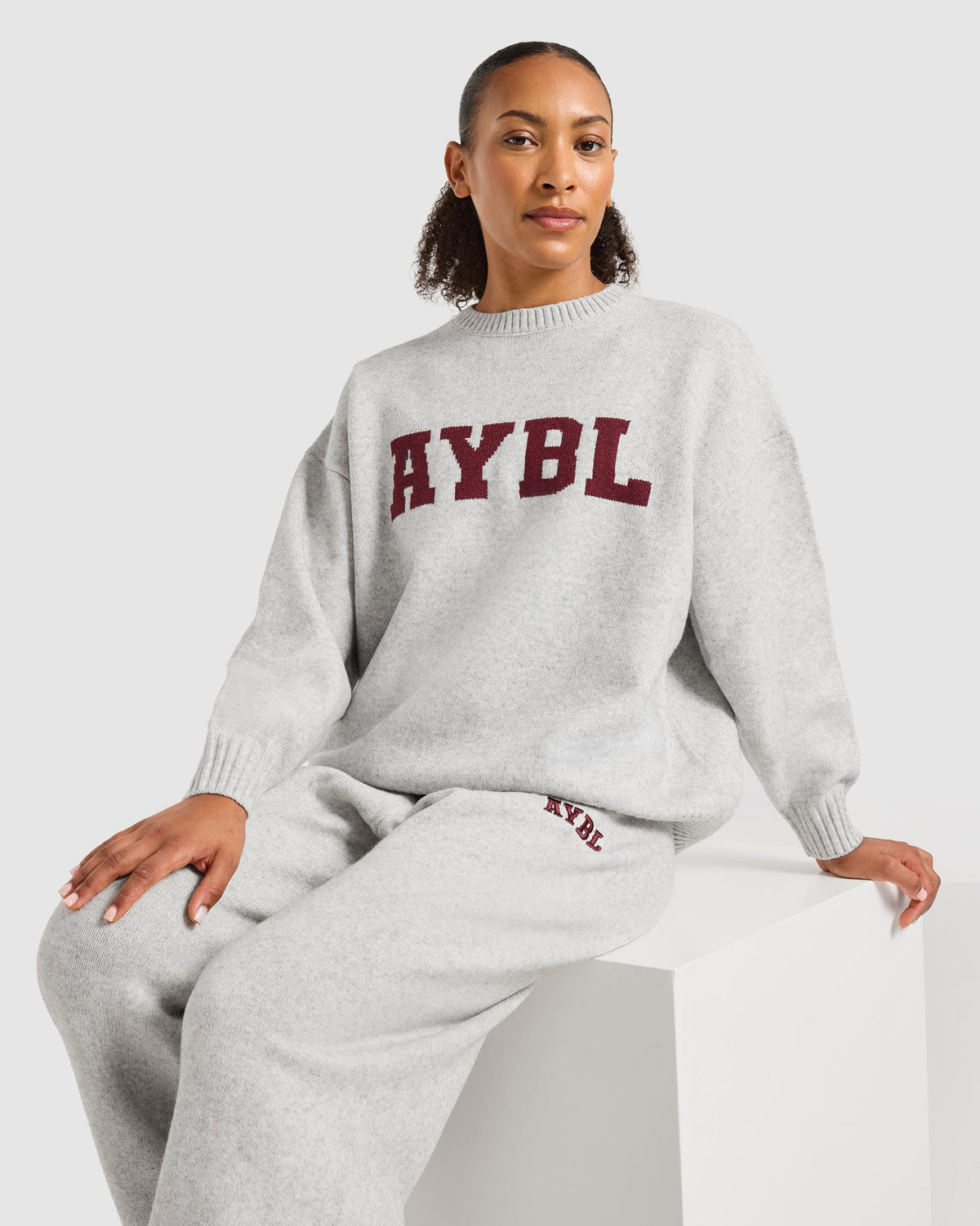 Varsity Oversized Knitted Sweater - Gris Marl/Burgundy