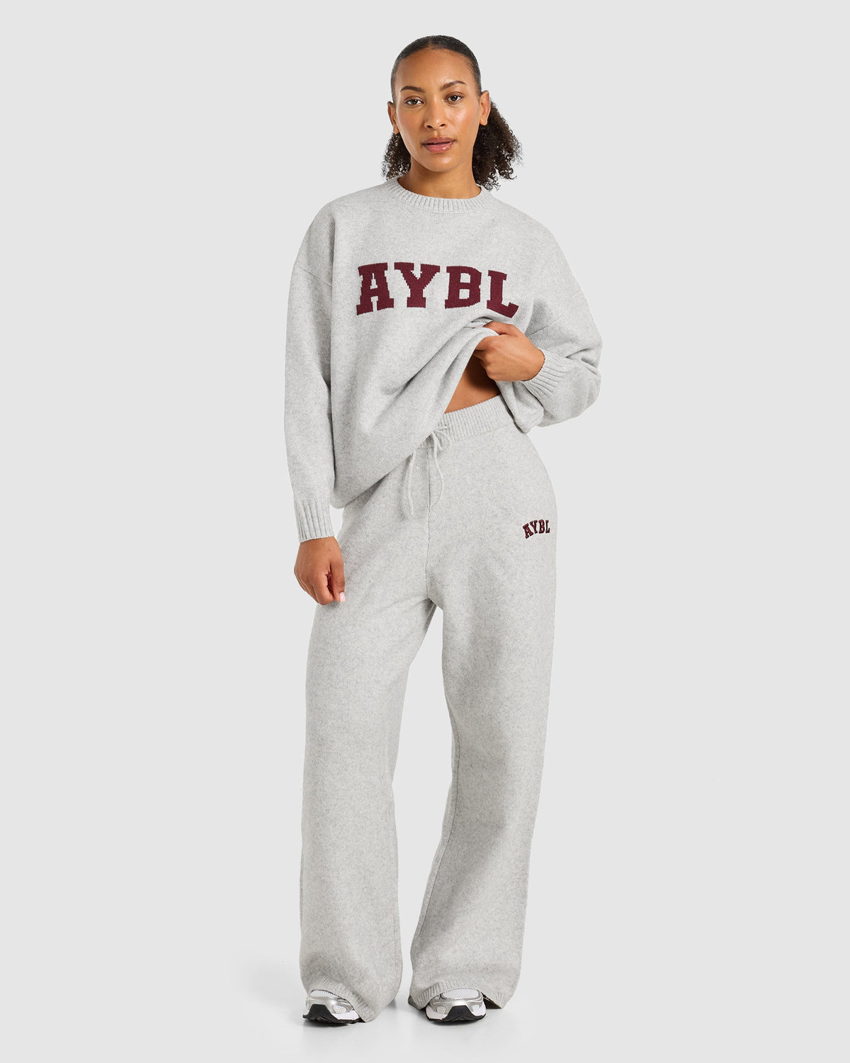 Varsity Oversized Knitted Joggers - Gris Marl/Burgundy