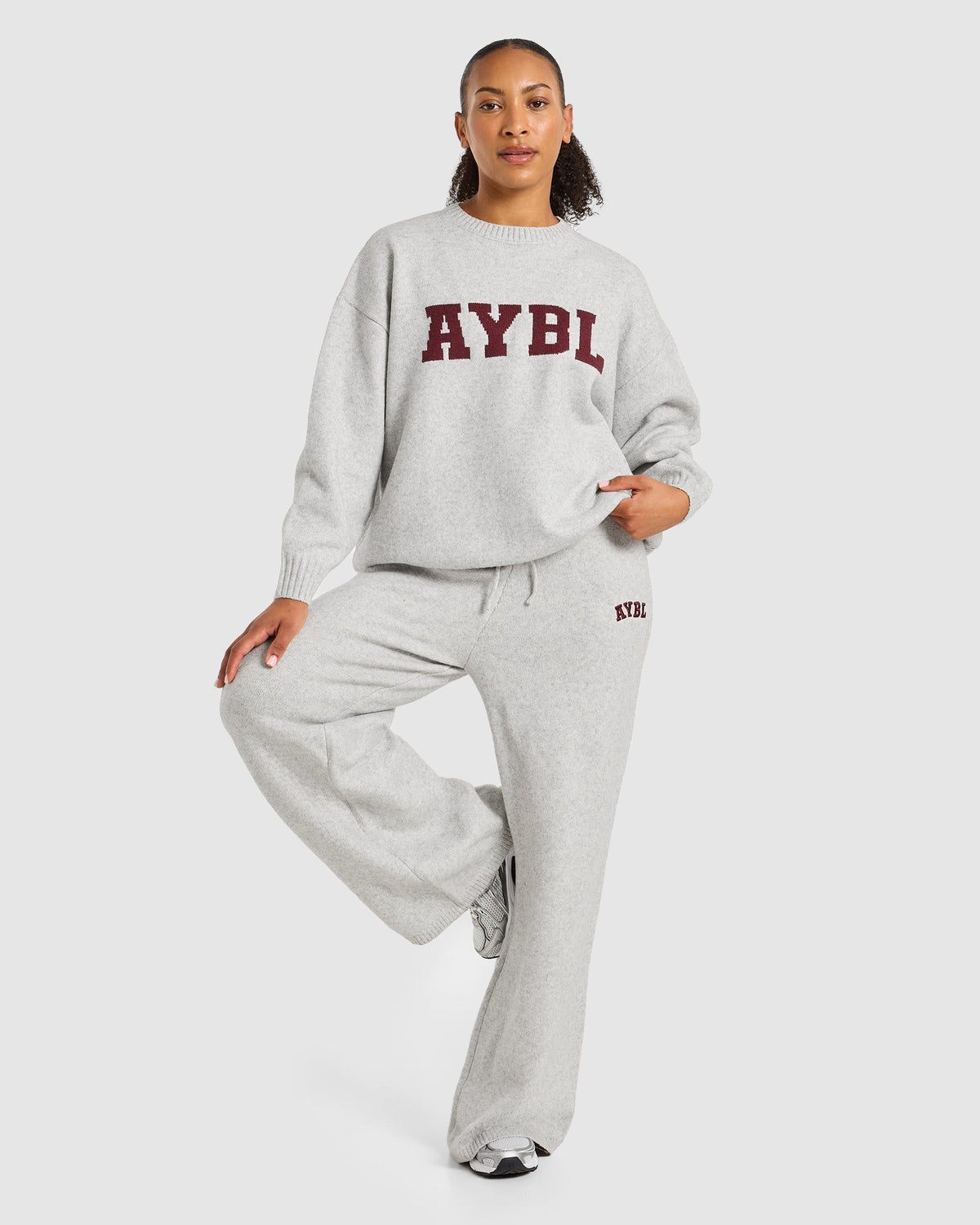 Varsity Oversized Knitted Joggers - Gris Marl/Burgundy