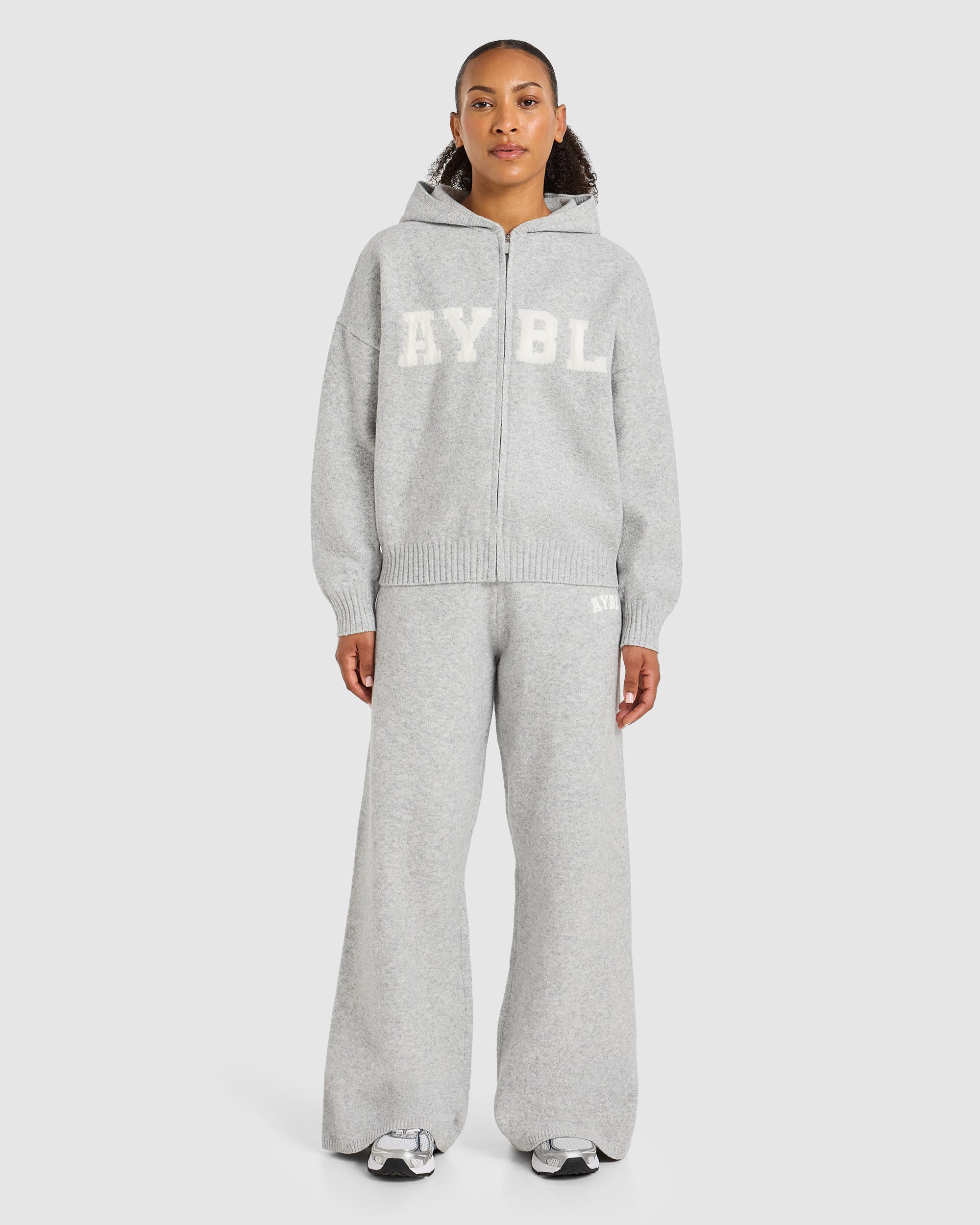 Varsity Oversized Knitted Zip Up Hoodie - Gris Marl