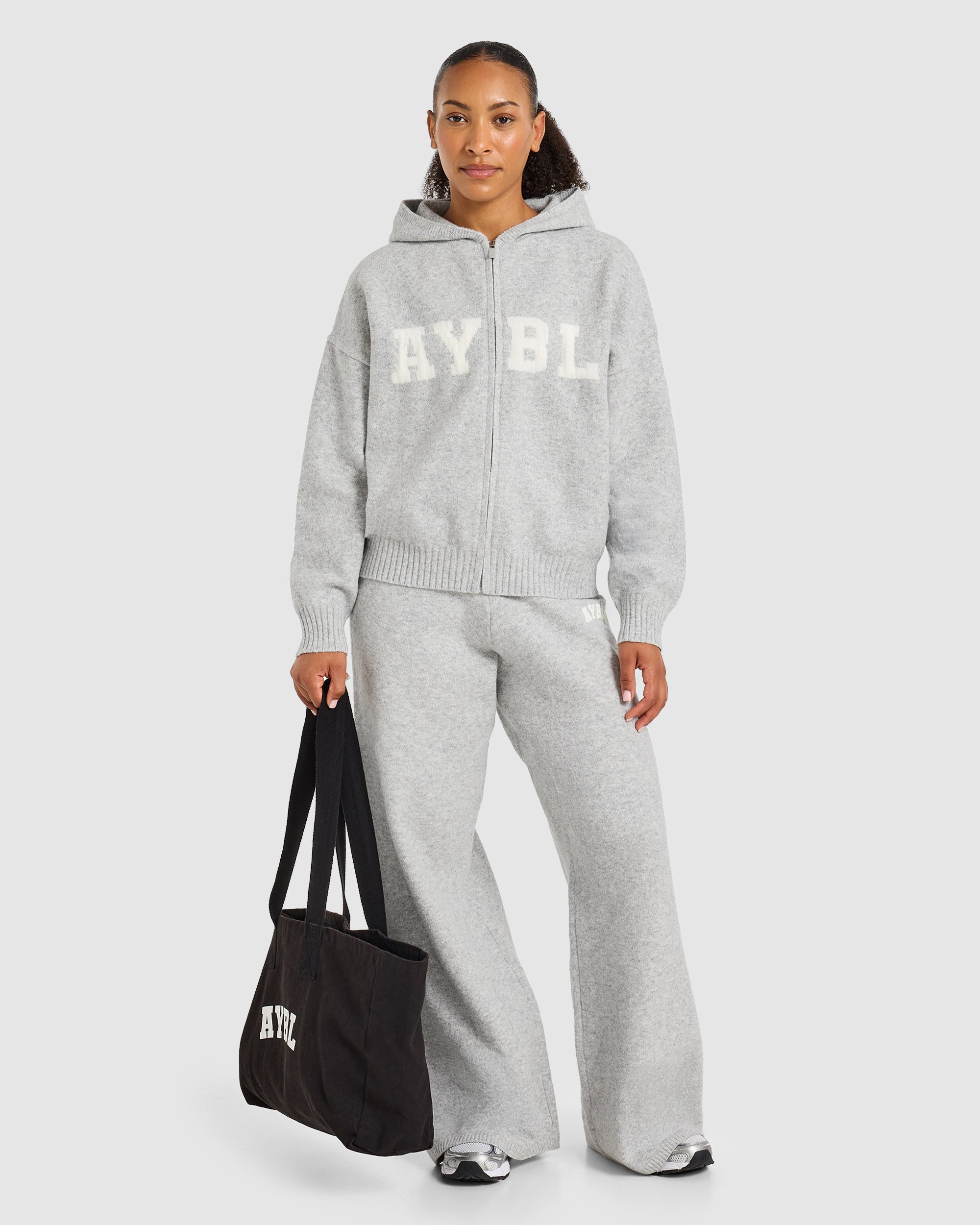 Varsity Oversized Knitted Zip Up Hoodie - Gris Marl