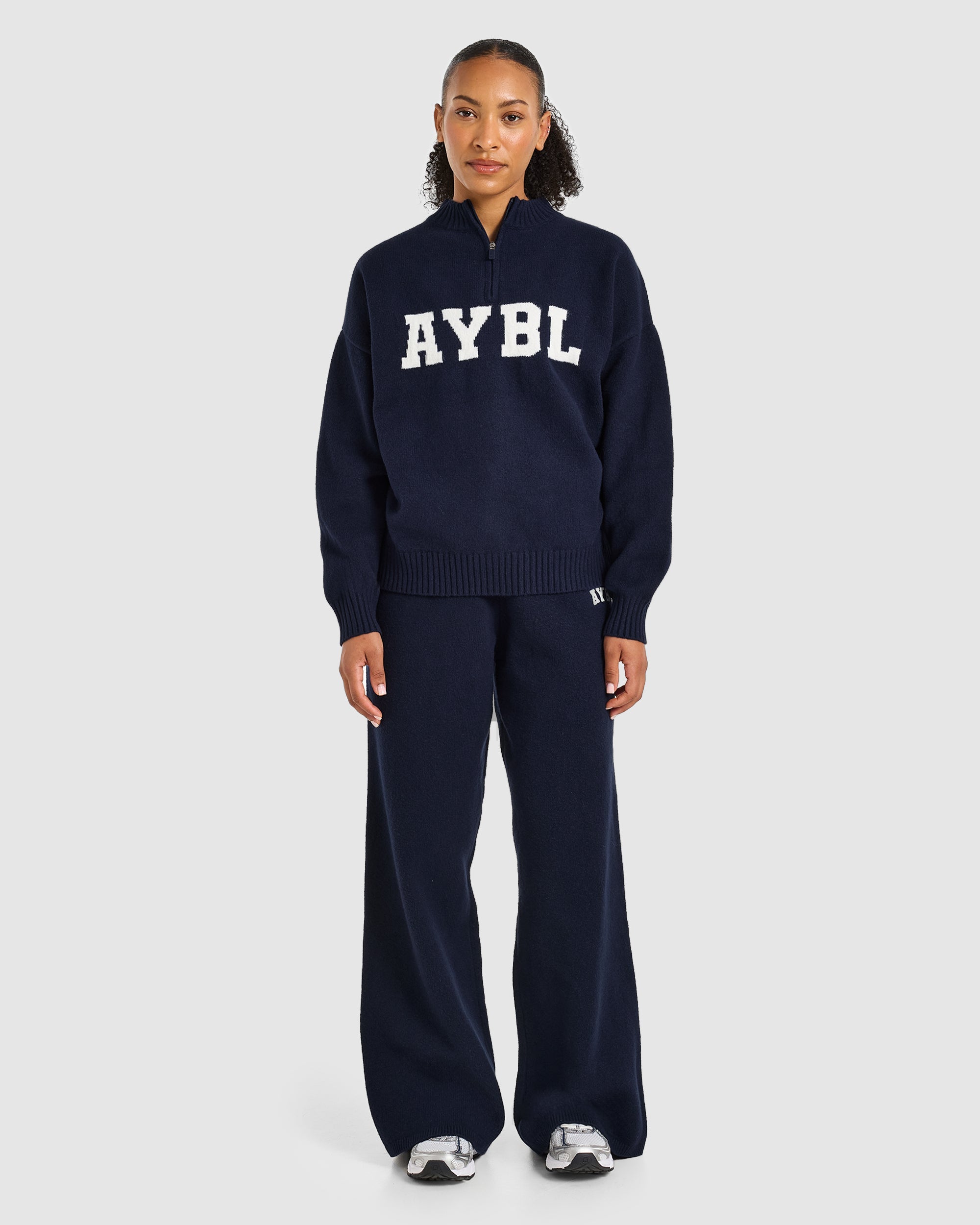 Varsity Oversized Knitted 1/4 Zip Pullover - Navy