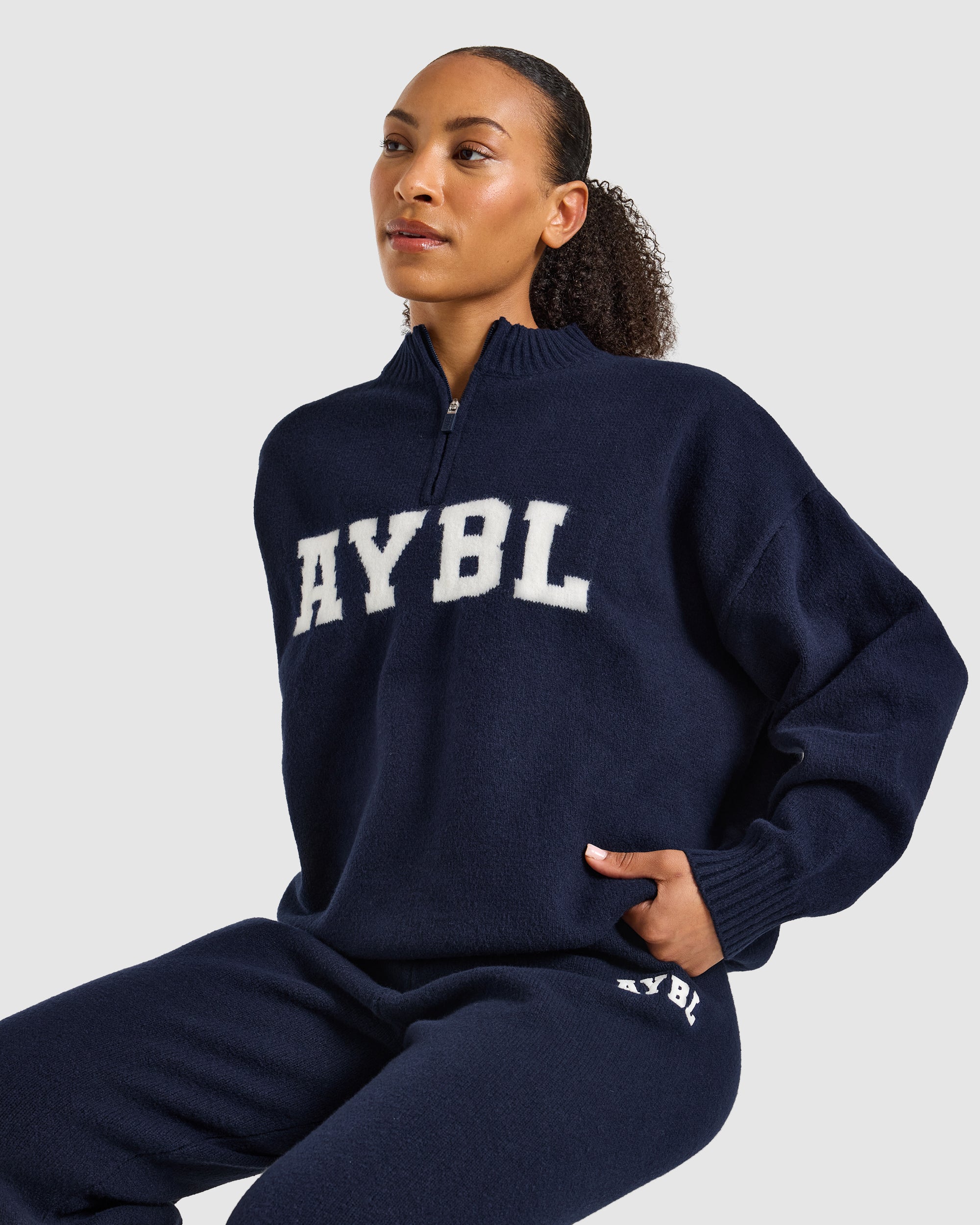 Varsity Oversized Knitted 1/4 Zip Pullover - Navy