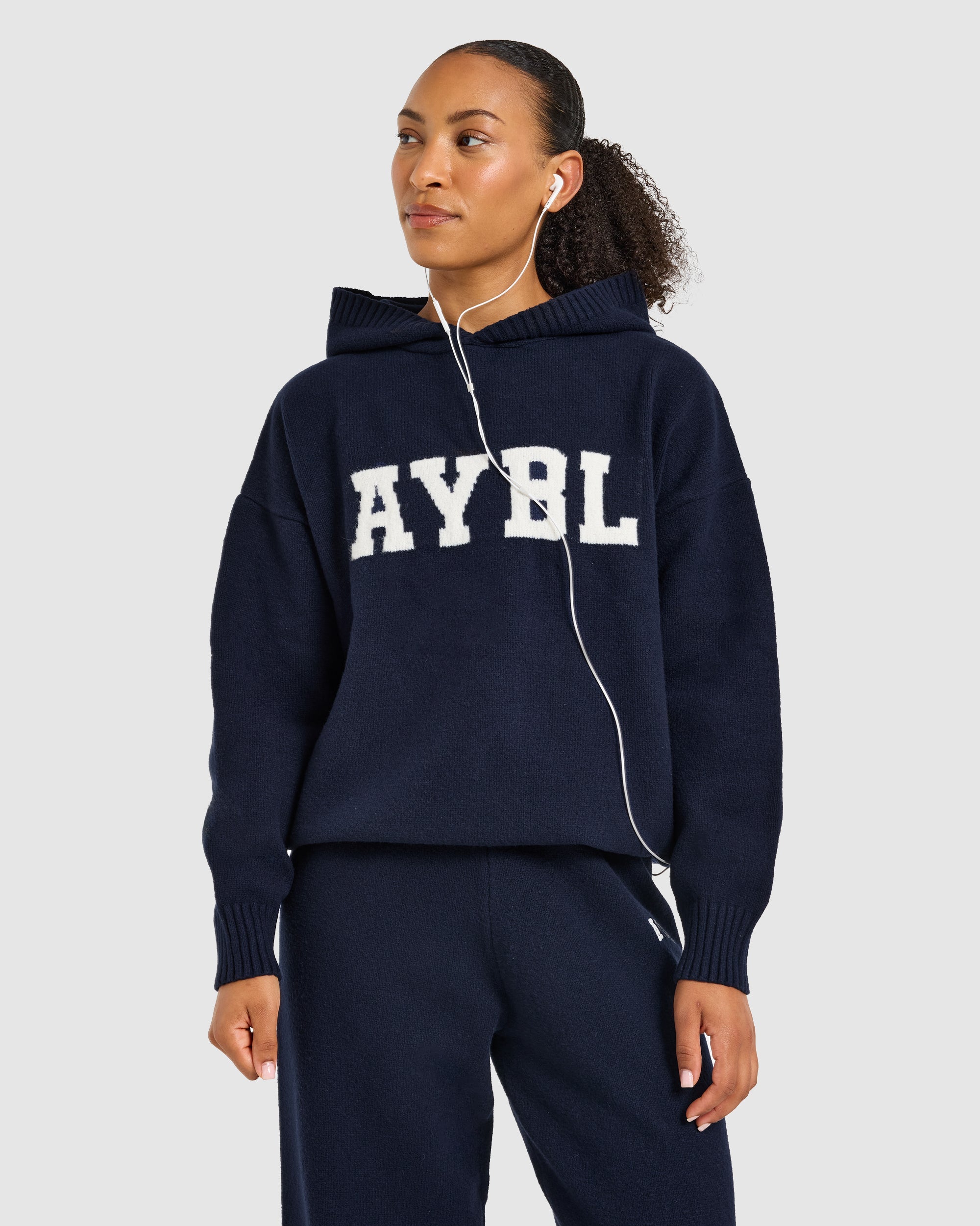 Varsity Oversized Knitted Hoodie - Navy