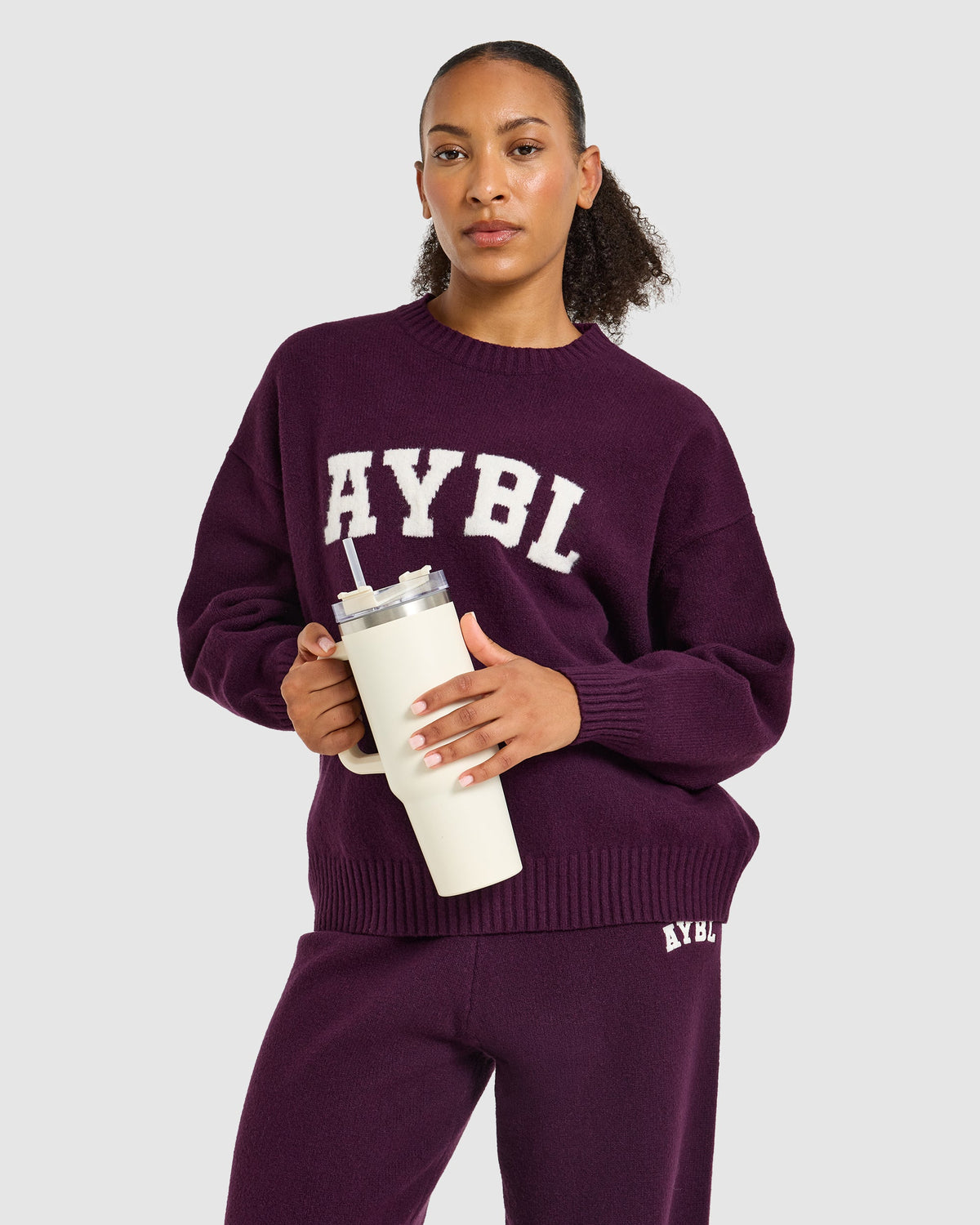 Varsity Oversized Knitted Joggers - Plum