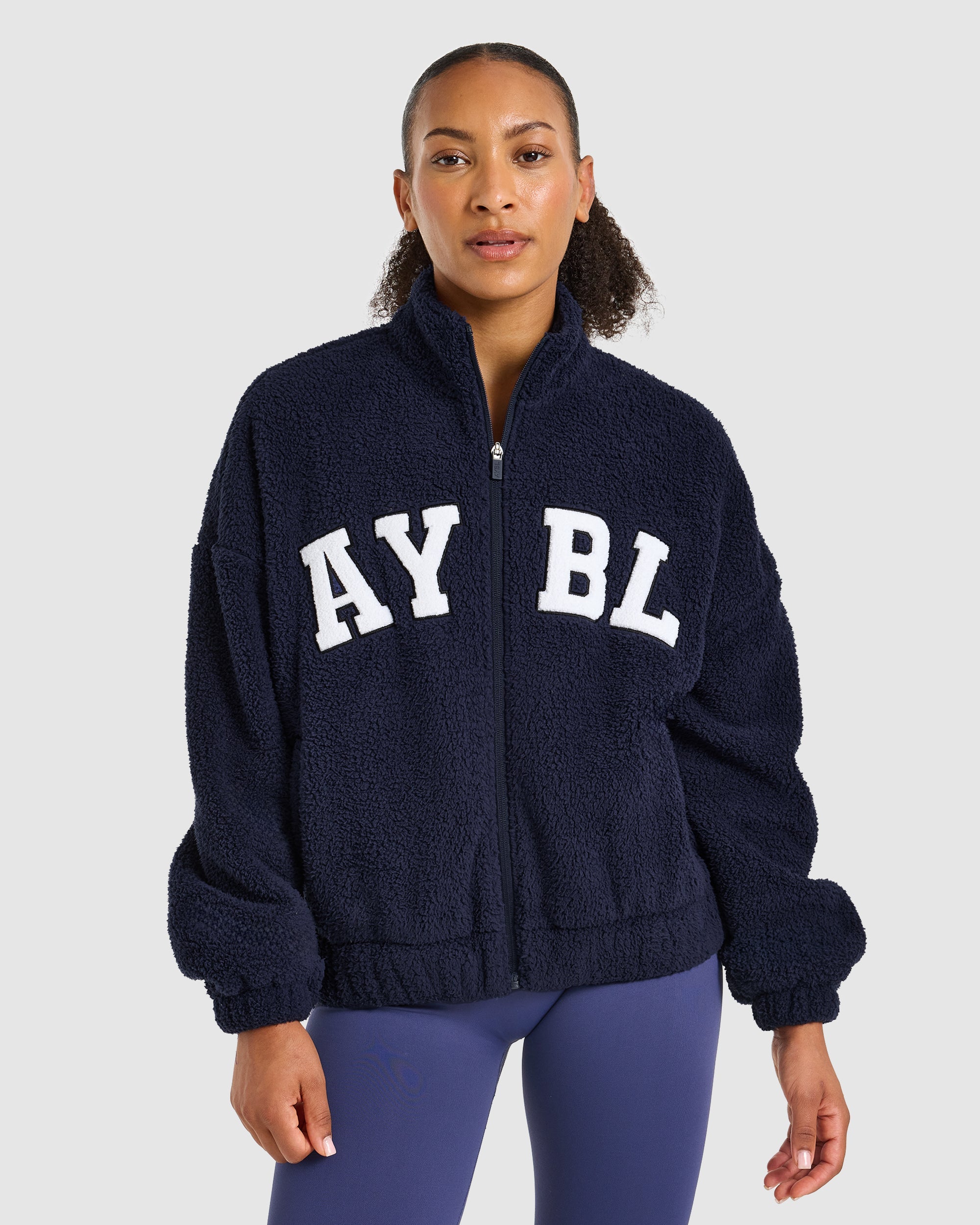 Varsity Oversized Fleece Zip Up Jacket - Navy