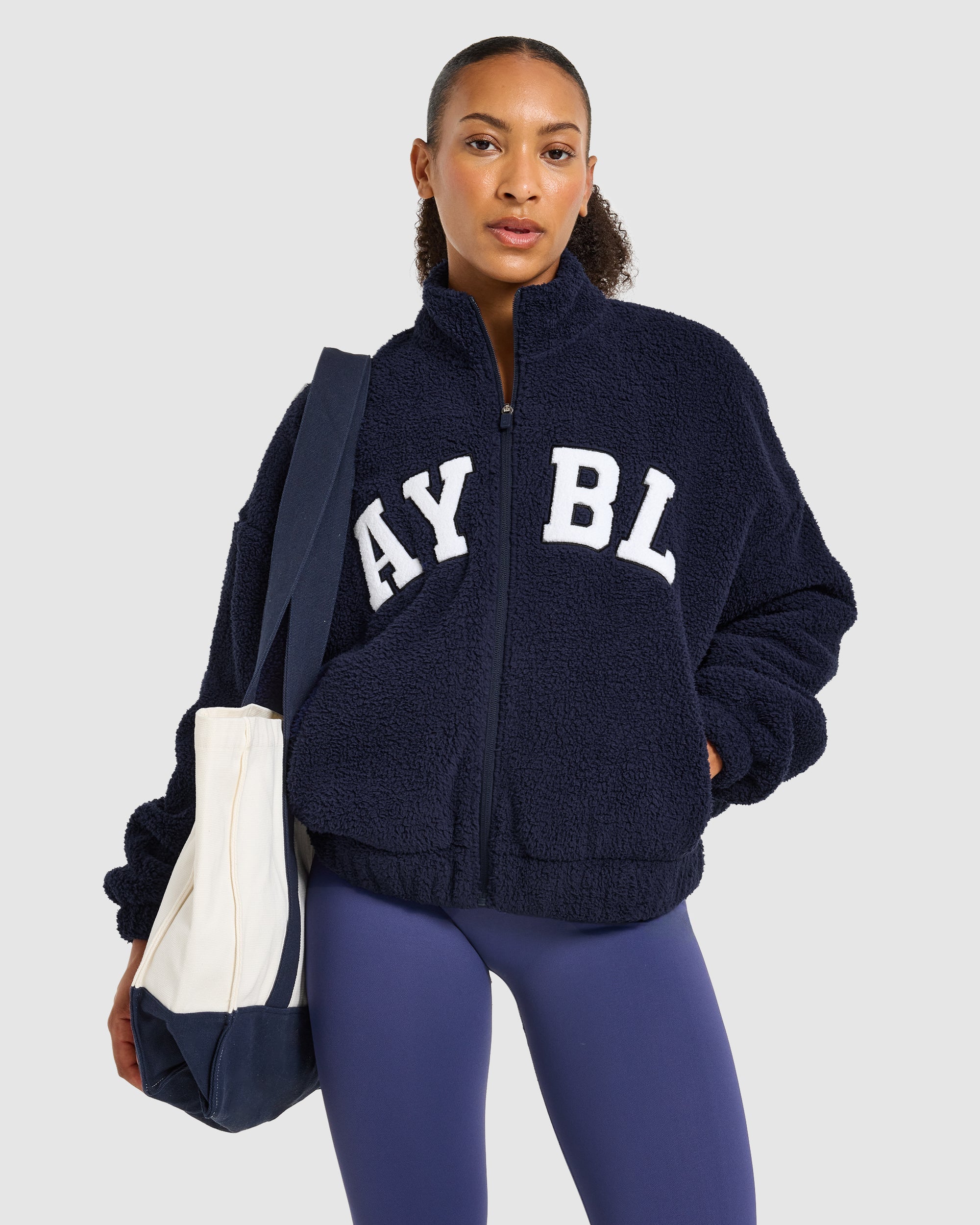 Varsity Oversized Fleece Zip Up Jacket - Navy