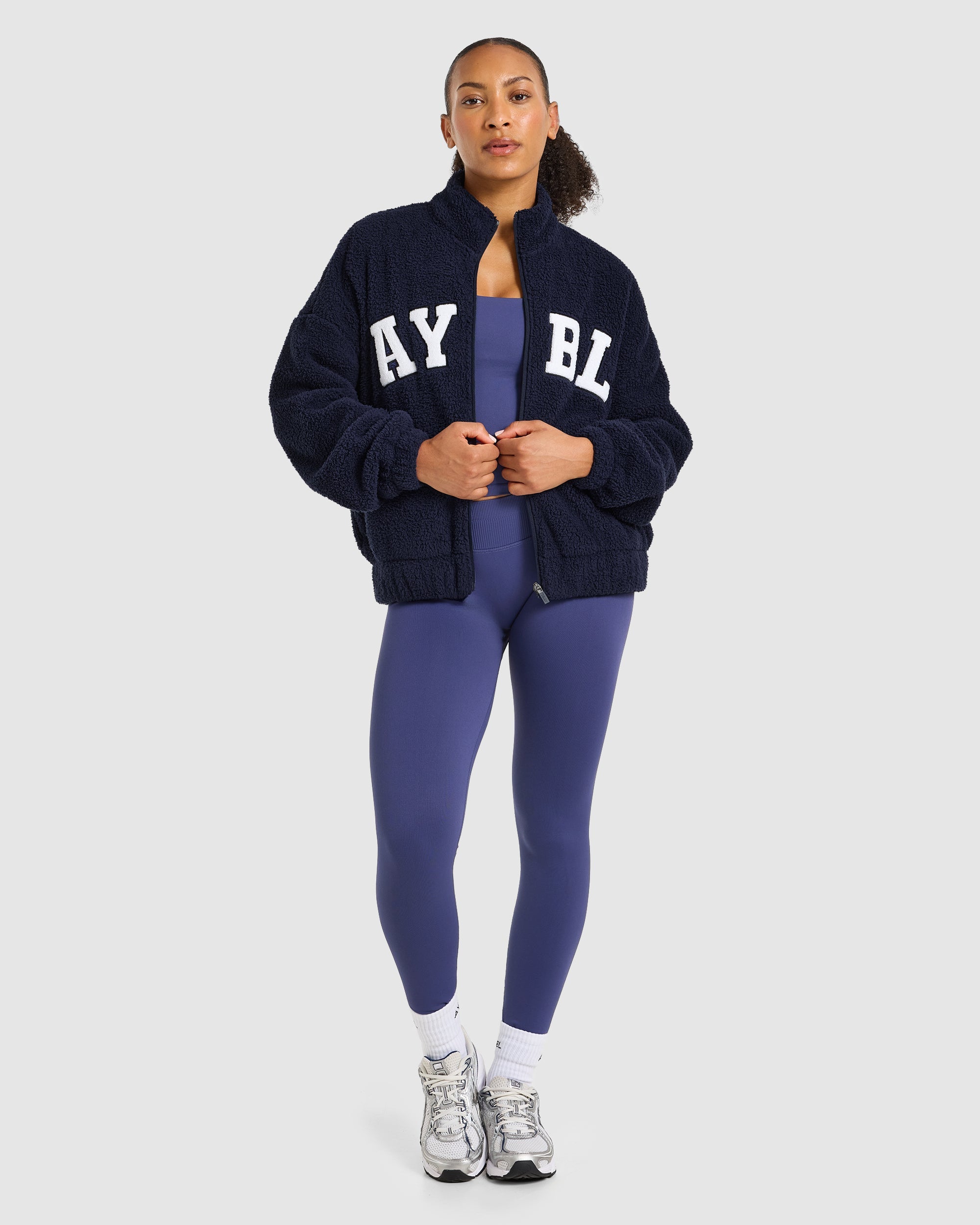 Varsity Oversized Fleece Zip Up Jacket - Navy