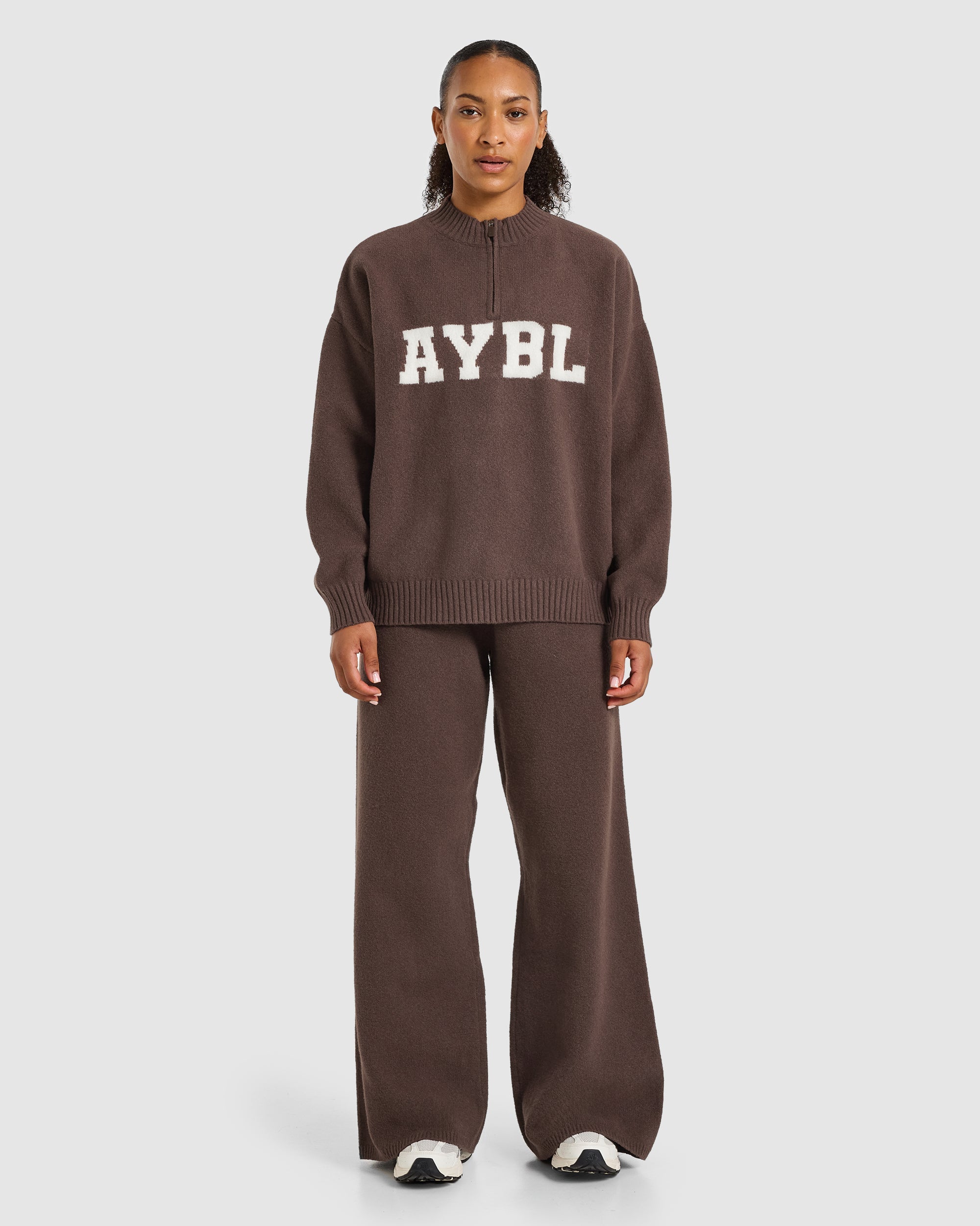 Varsity Oversized Knitted 1/4 Zip Pullover - Marron
