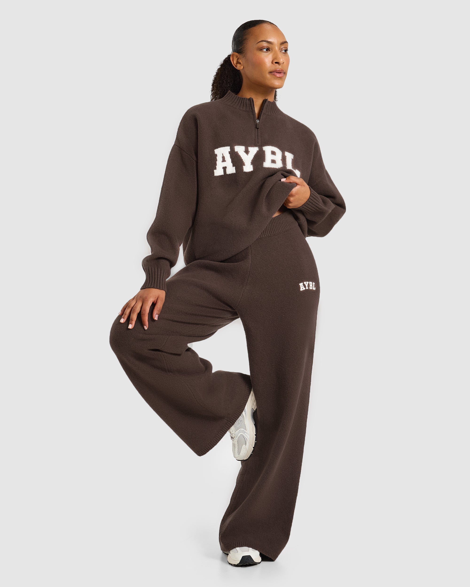 Varsity Oversized Knitted 1/4 Zip Pullover - Marron